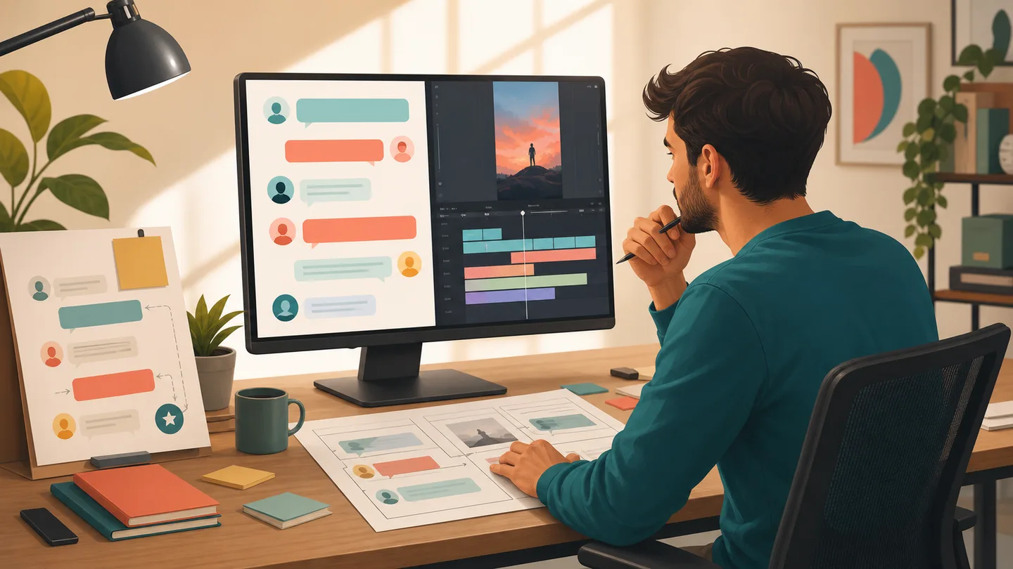 A creator planning a fictional comment mockup beside a vertical video editing timeline