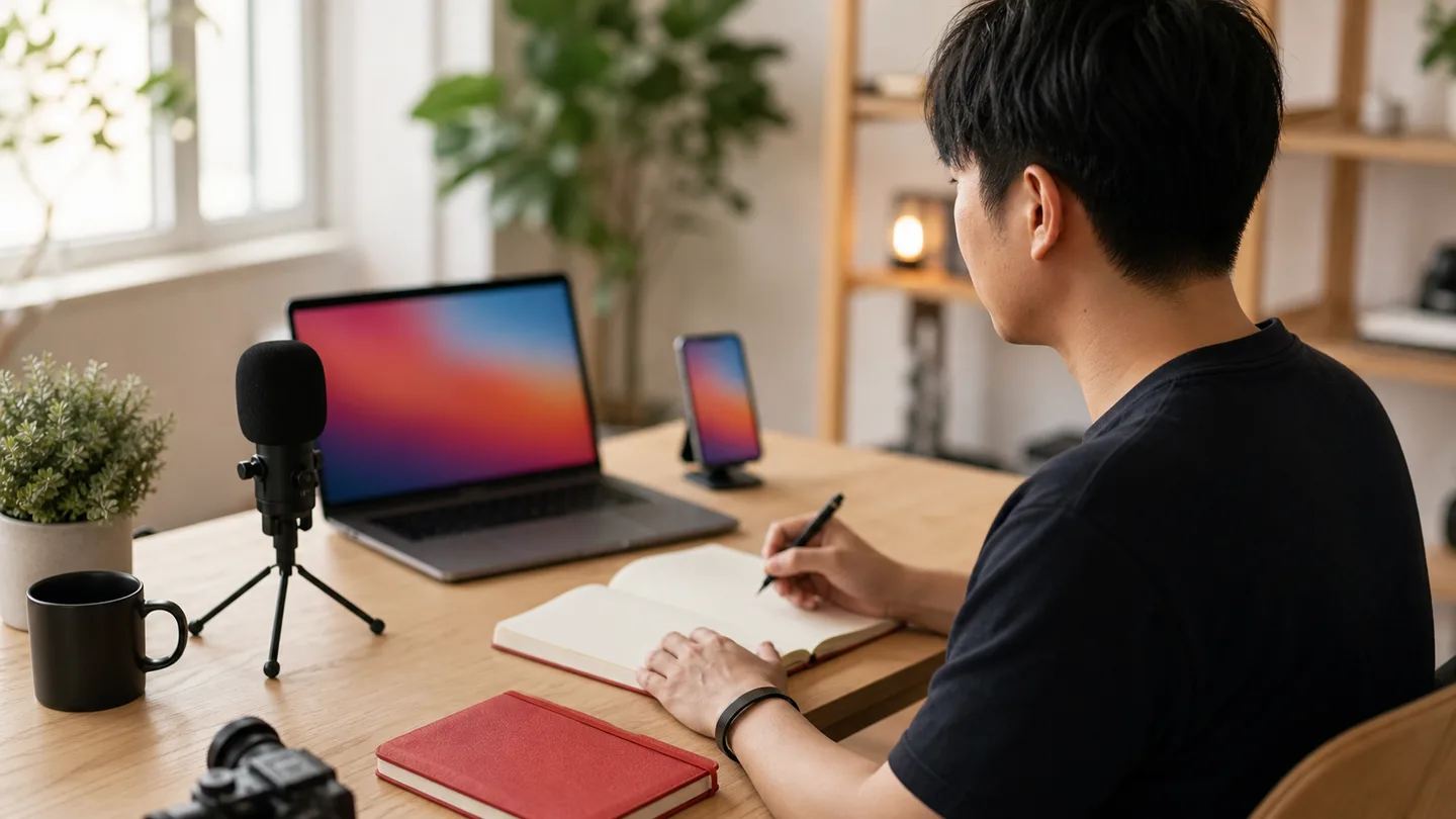 A creator planning a short-form video workflow at a desk with a microphone and notebook